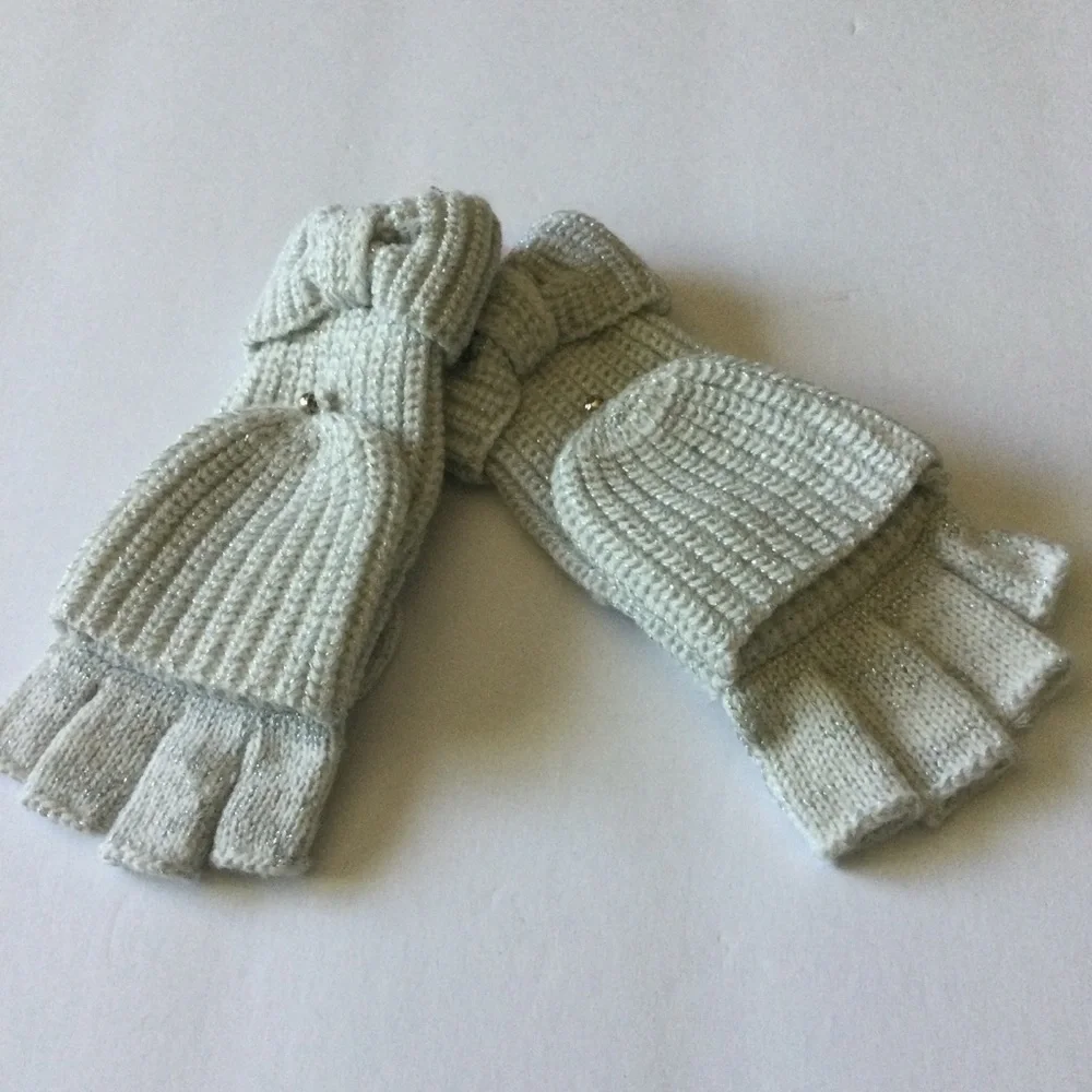 KATE SPADE METALLIC BOW POP TOP CONVERTIBLE MITTENS FINGERLESS GLOVES SILVER NWO